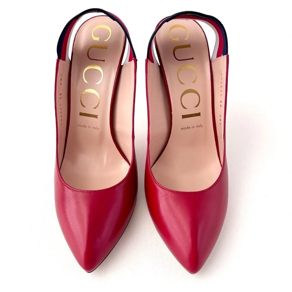New‎ GUCCI | Sylvie Web Stripe Slingback Red Leather Pointed Pumps EU 39 US 9